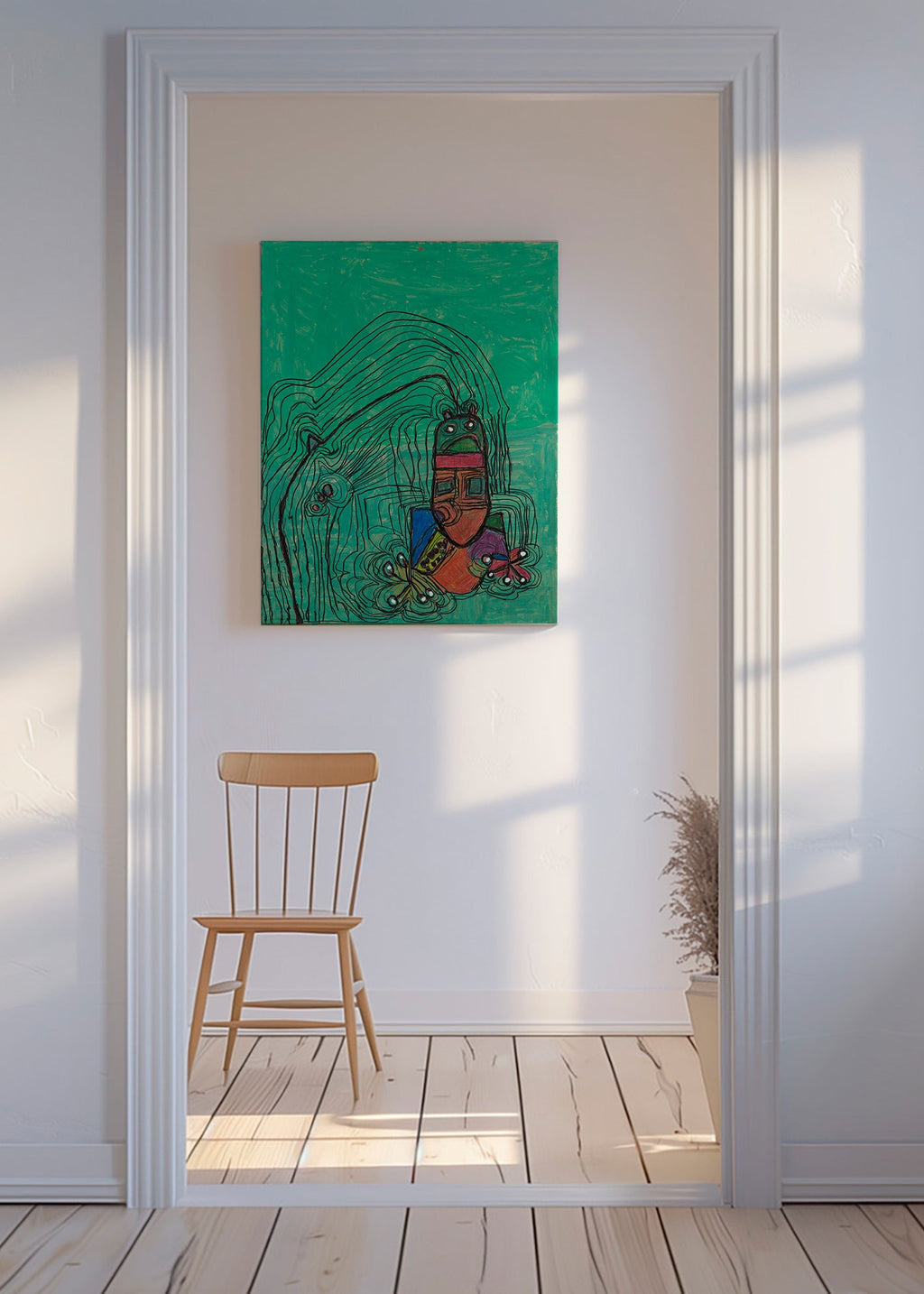 Hrava ilustrace s postavou na zeleném pozadí – Canvas