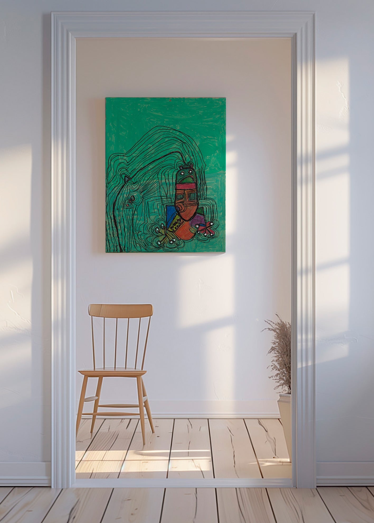 Hrava ilustrace s postavou na zeleném pozadí – Canvas