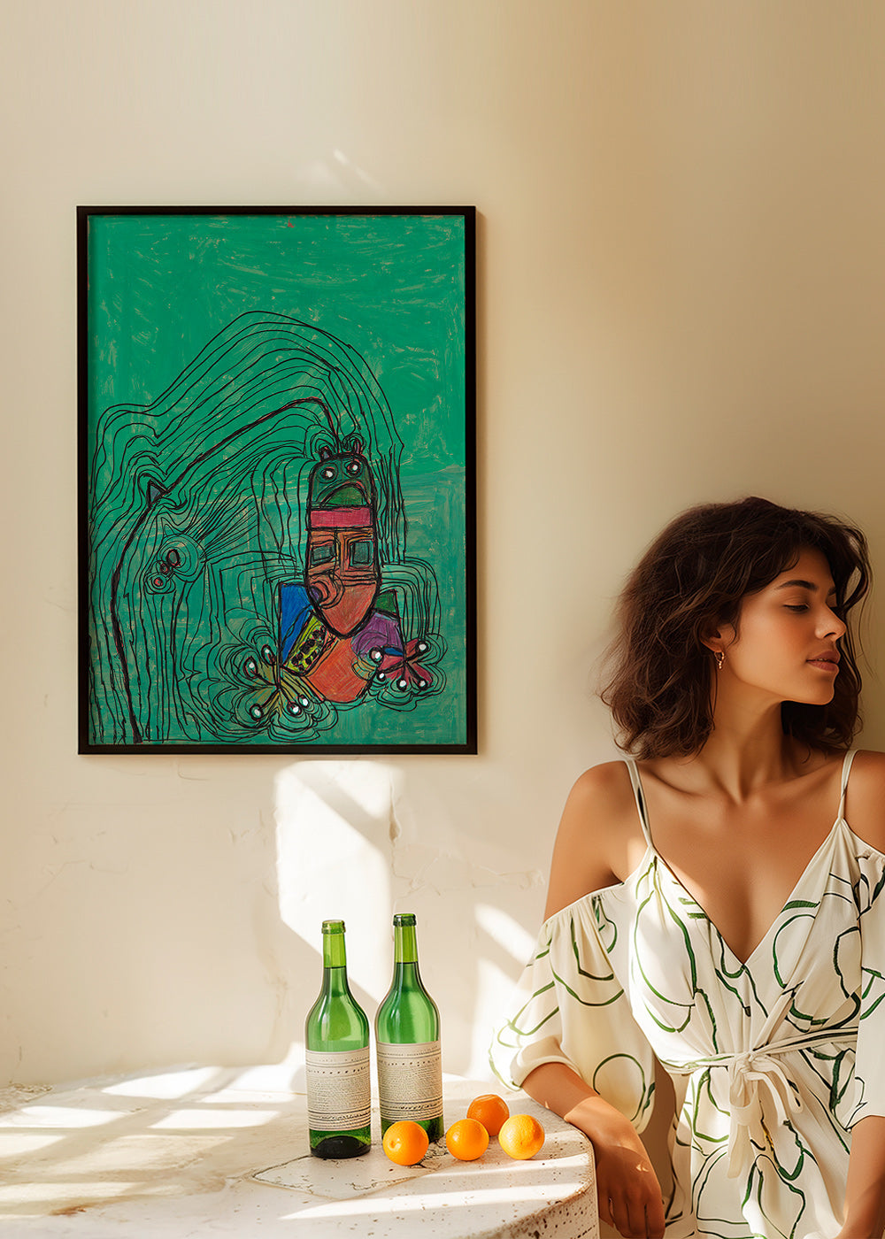 Hrava ilustrace s postavou na zeleném pozadí – Product2