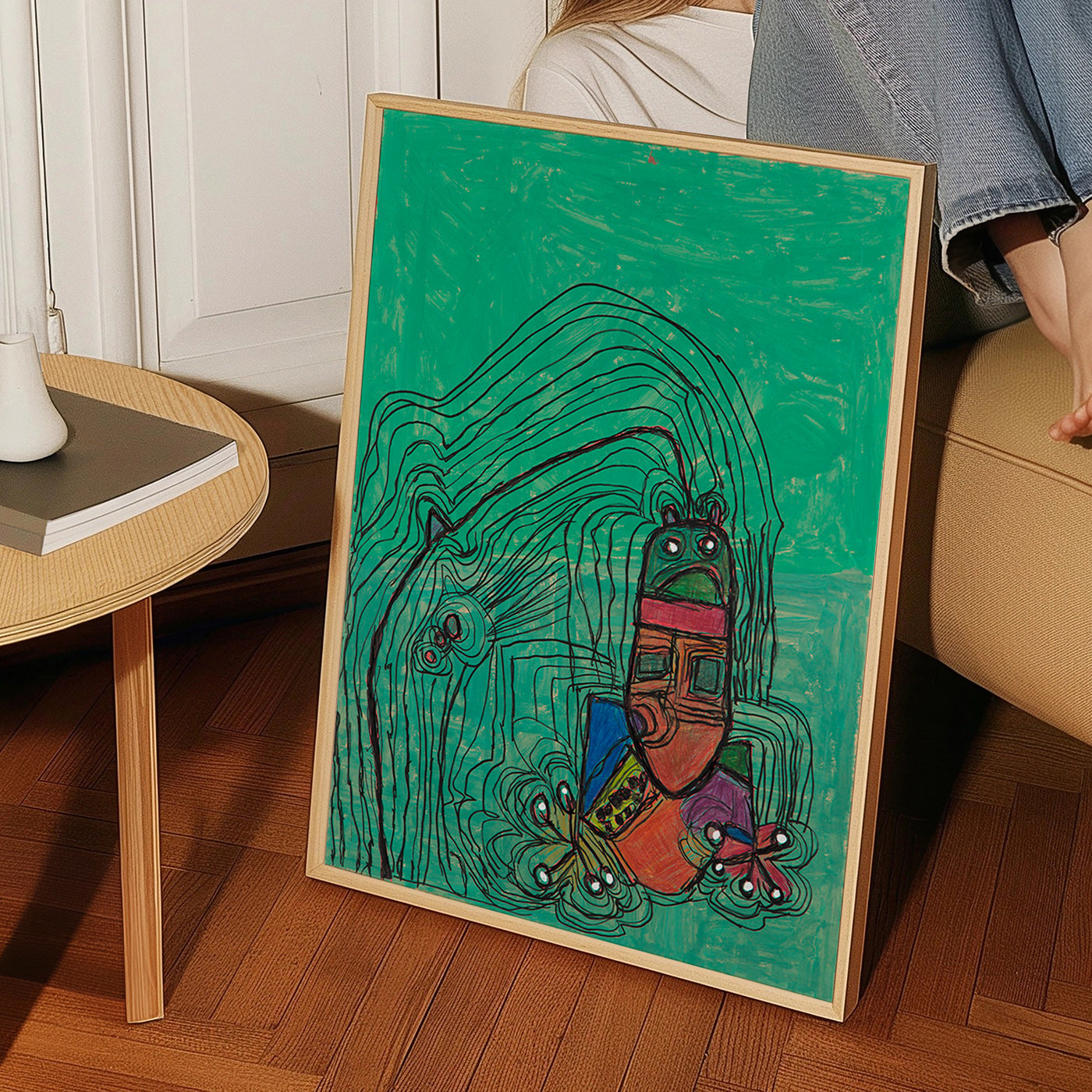 Hrava ilustrace s postavou na zeleném pozadí – Product3