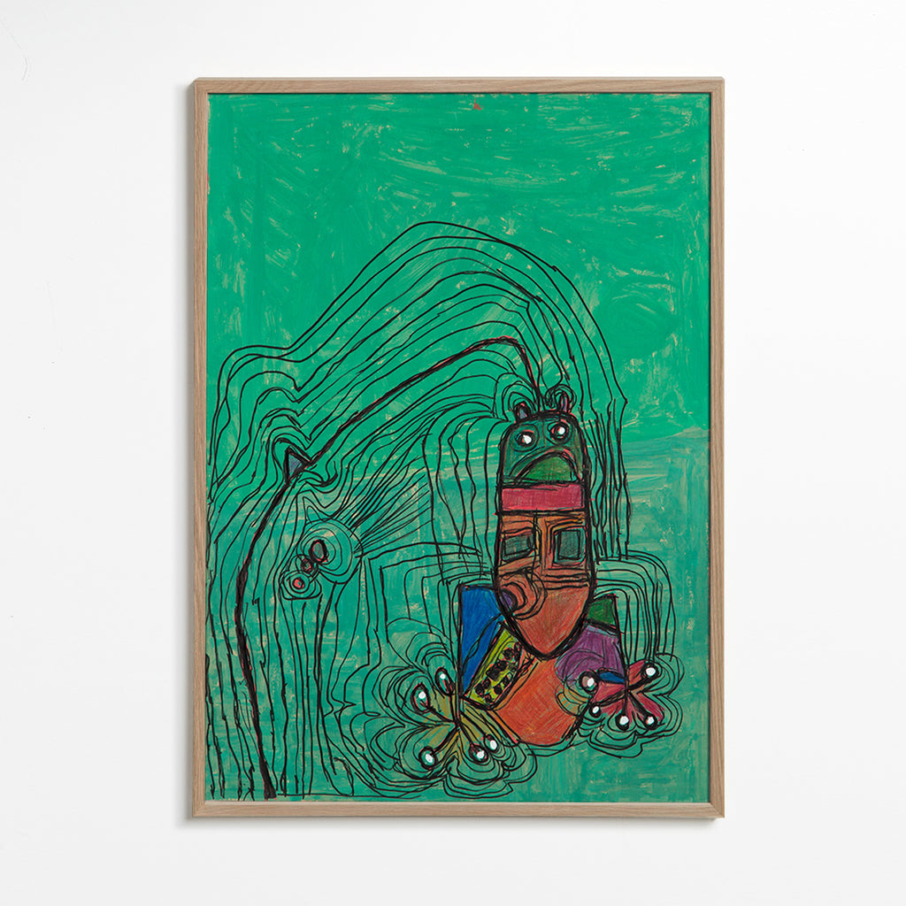 Hrava ilustrace s postavou na zeleném pozadí – Oak Frame