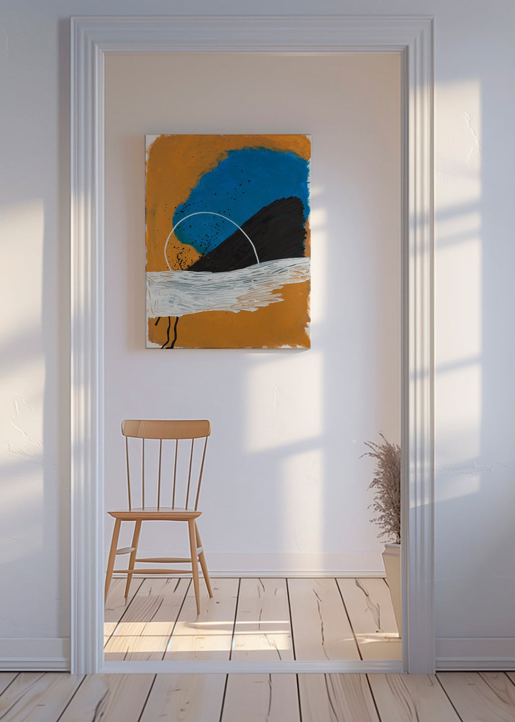 Abstraktní obraz oblouk pobřeží v okru a modři – Canvas