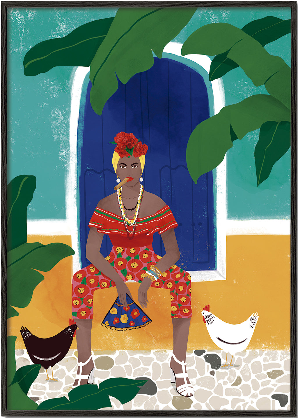 Ilustrace ženy sedící mezi tropickými listy