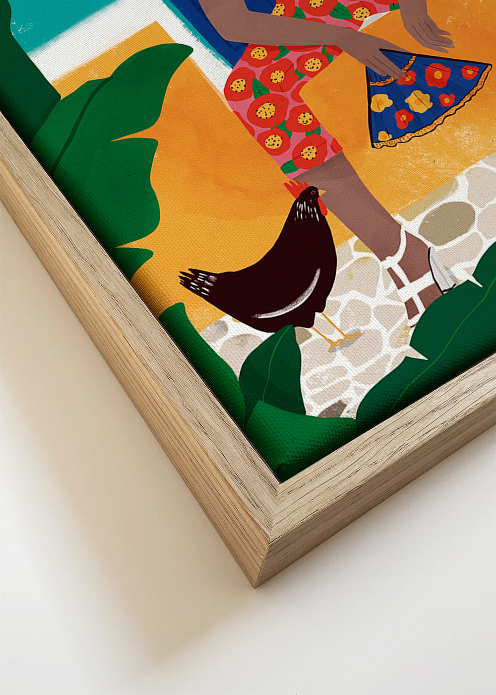 Ilustrace ženy sedící mezi tropickými listy