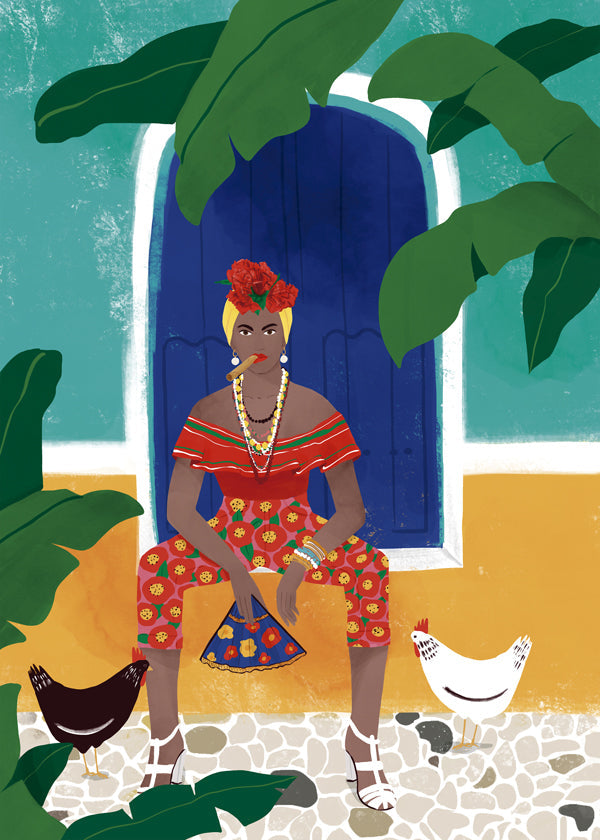Ilustrace ženy sedící mezi tropickými listy