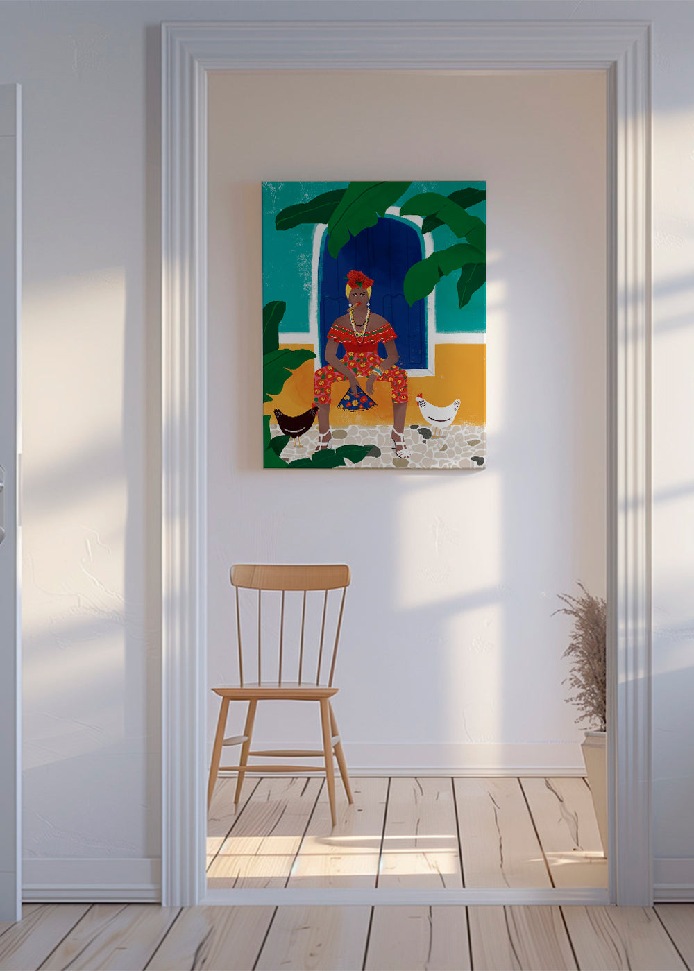 Ilustrace ženy sedící mezi tropickými listy