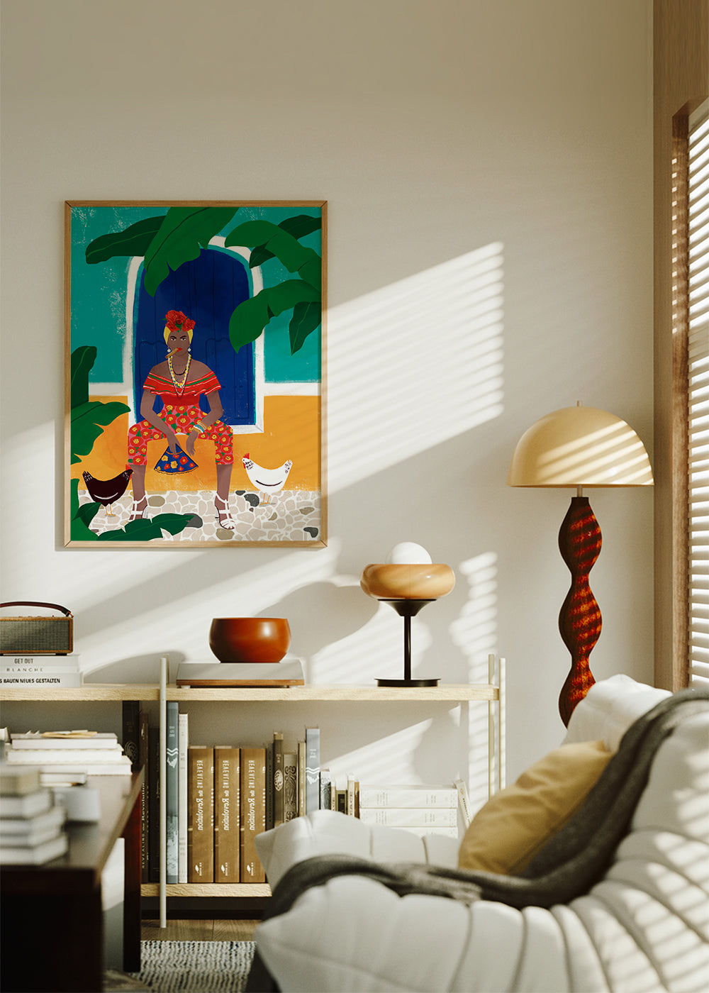 Ilustrace ženy sedící mezi tropickými listy