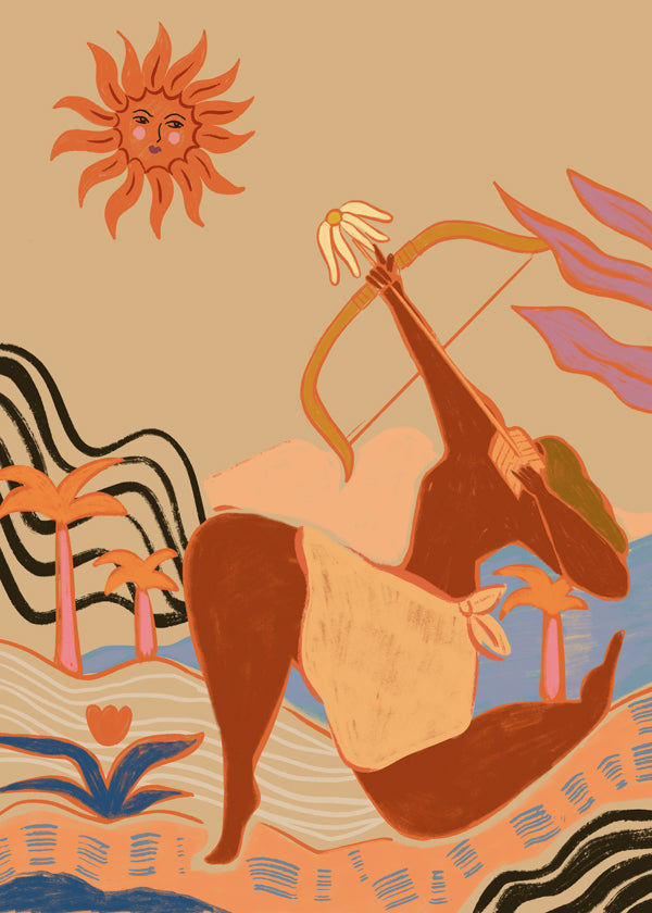 Ilustrace slunce a lučištníka v teplých tónech