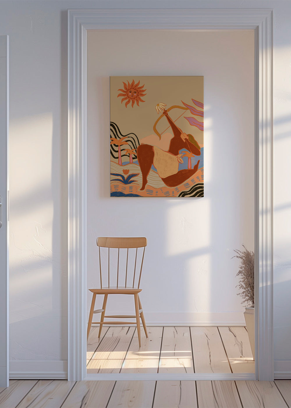 Ilustrace slunce a lučištníka v teplých tónech