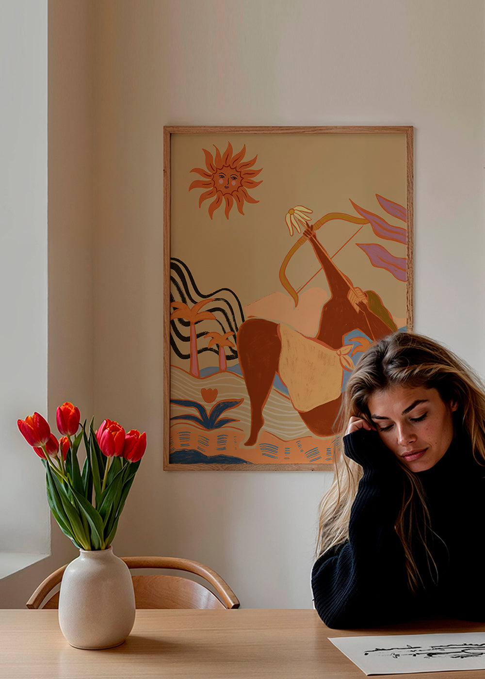 Ilustrace slunce a lučištníka v teplých tónech