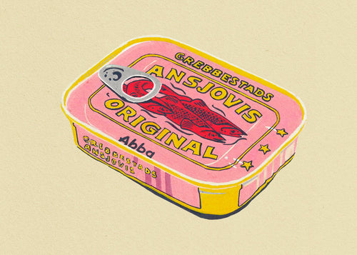 Obraz do kuchyně ilustrovaná plechovka anchois růžová