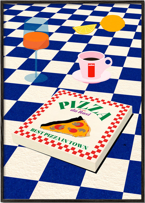 Obraz do kuchyně: pizza a káva na šachovnici