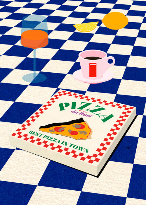 Obraz do kuchyně: pizza a káva na šachovnici