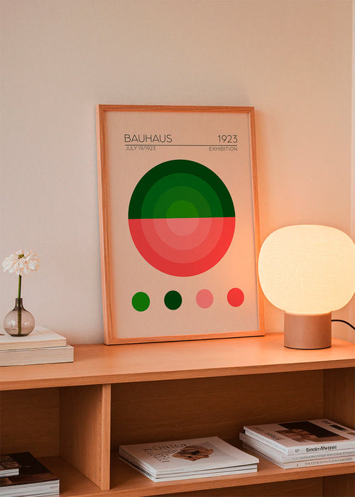 Geometrický plakát Bauhaus zelený a růžový kruh