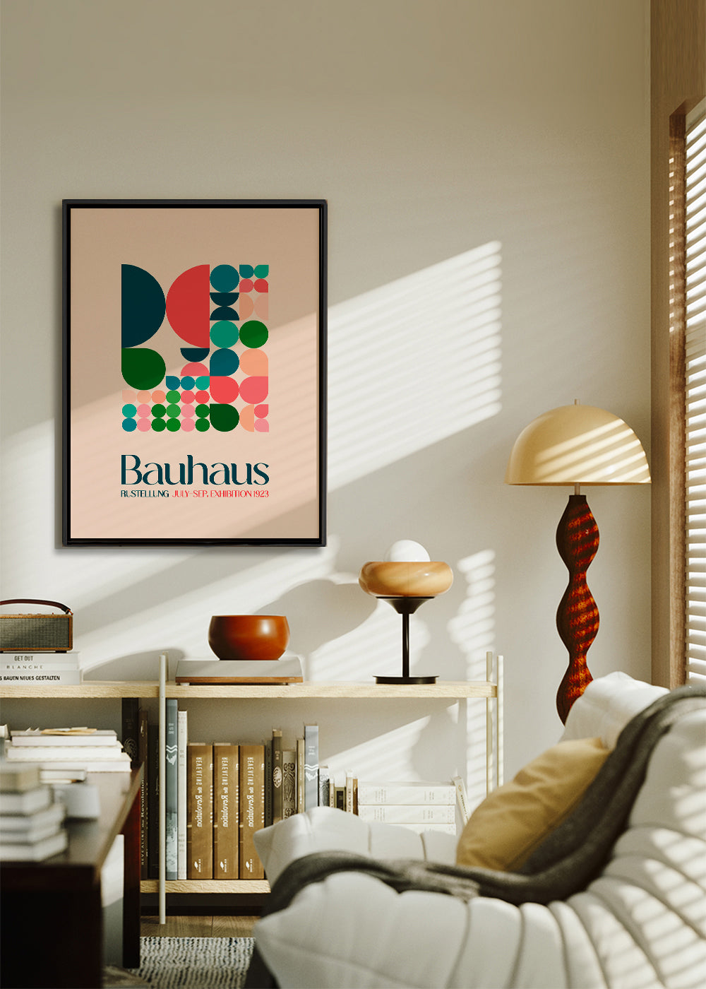 Geometrický plakát Bauhaus s bloky a typografií