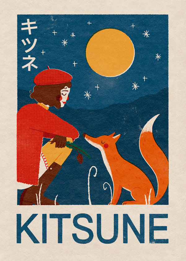 Kitsune liška pod měsícem - ilustrace
