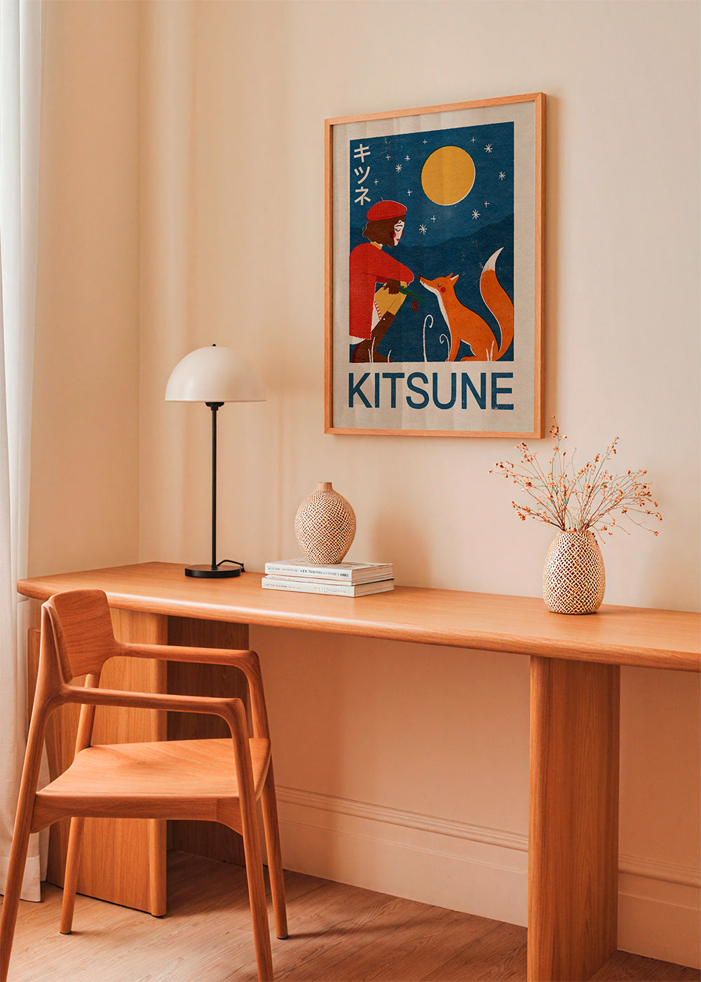 Kitsune liška pod měsícem - ilustrace