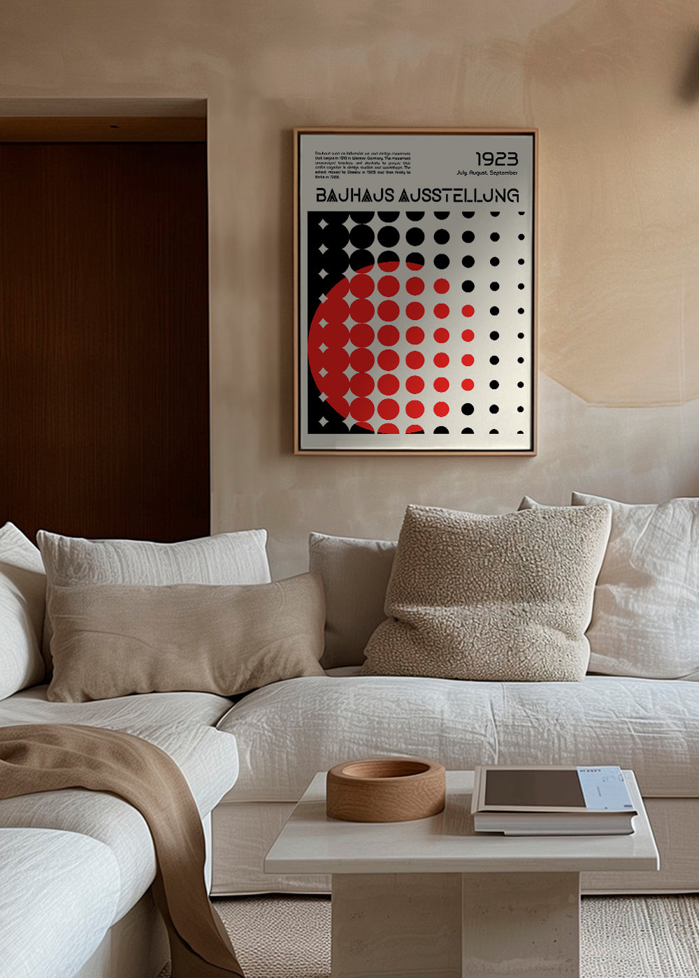 Geometrický plakát Bauhaus s červenými polokruhy