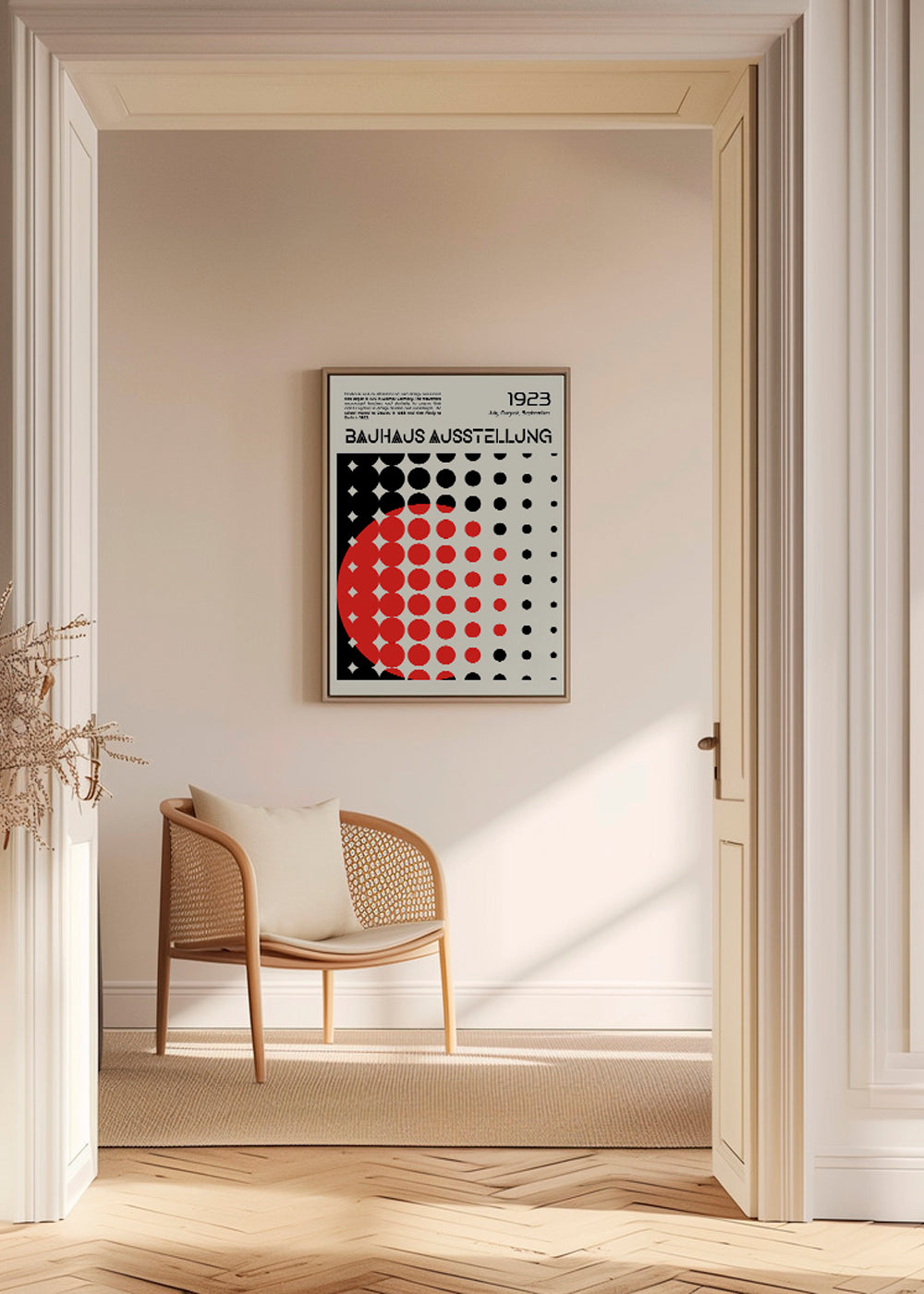 Geometrický plakát Bauhaus s červenými polokruhy