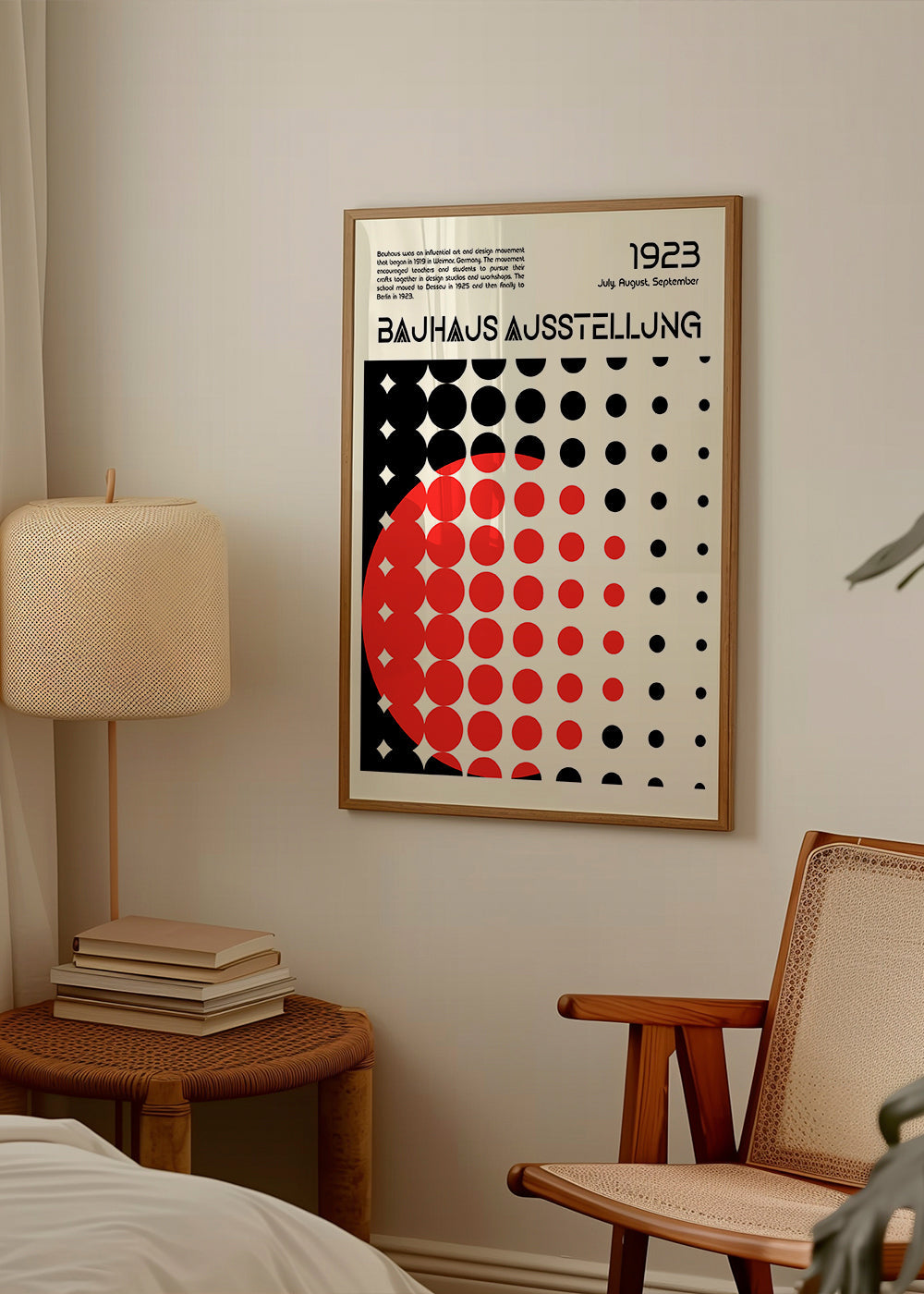 Geometrický plakát Bauhaus s červenými polokruhy