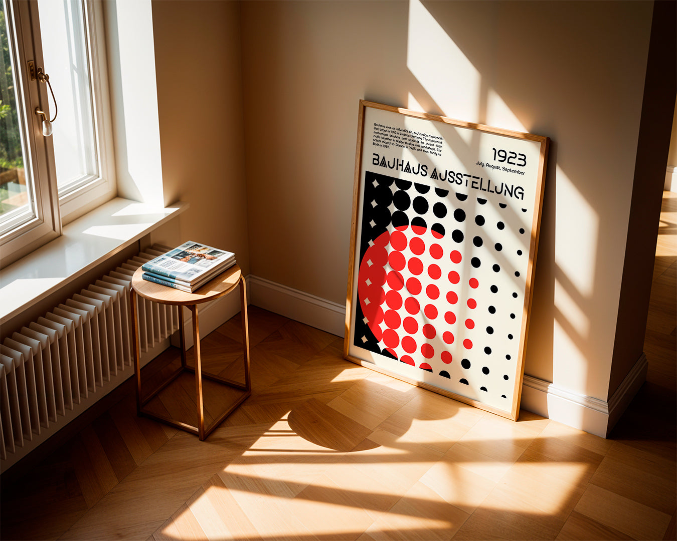 Geometrický plakát Bauhaus s červenými polokruhy