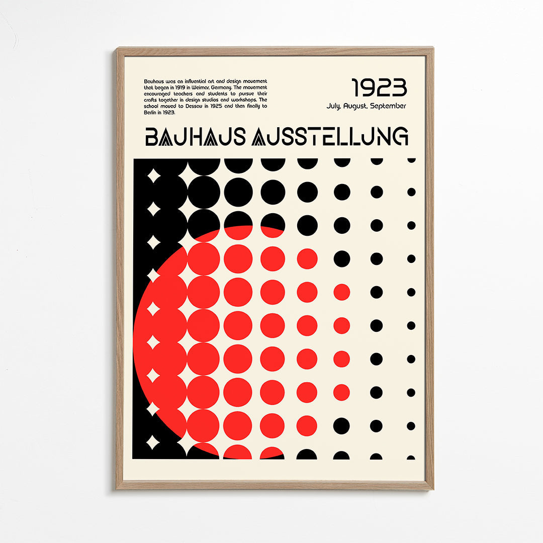 Geometrický plakát Bauhaus s červenými polokruhy