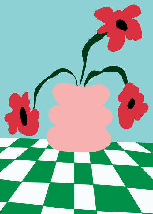 Botanický plakát s květinami v růžové váze