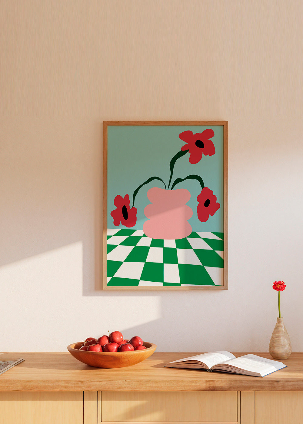 Botanický plakát s květinami v růžové váze