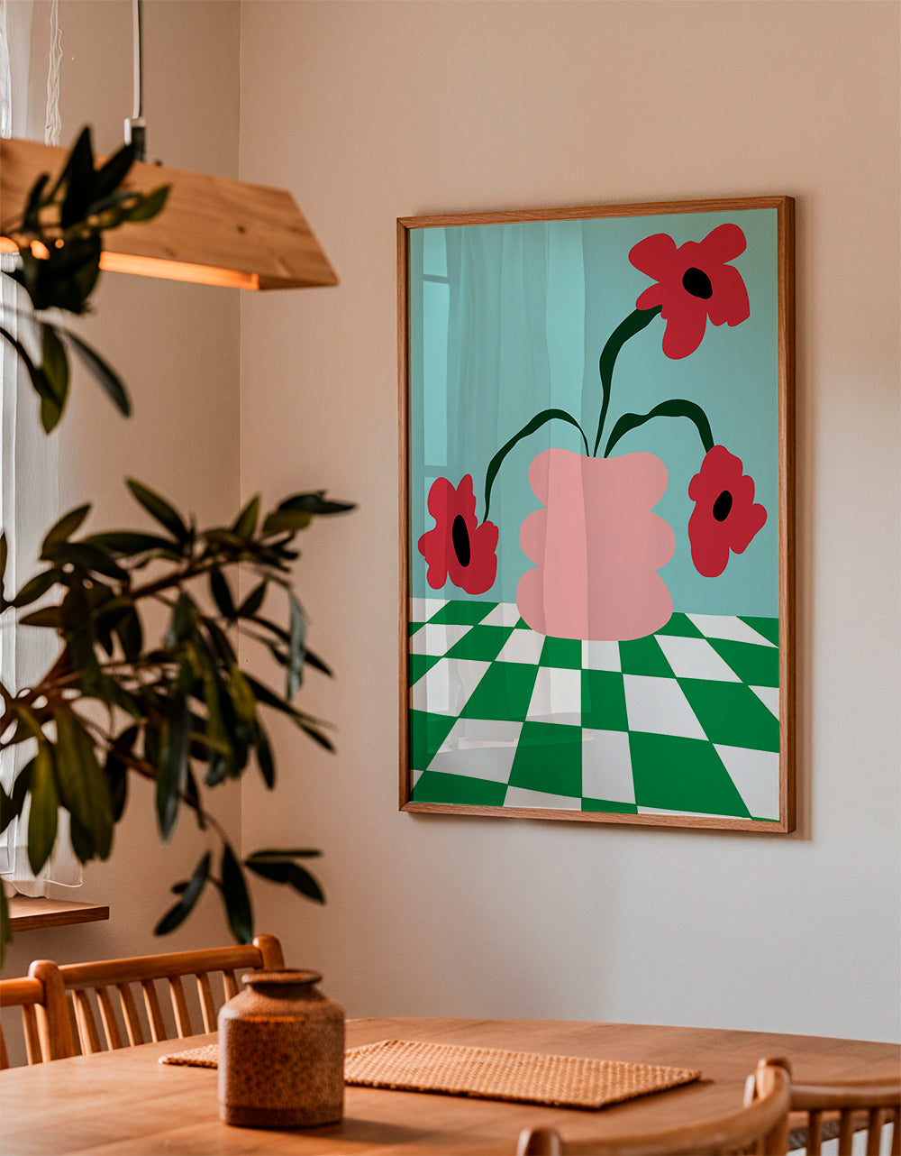 Botanický plakát s květinami v růžové váze