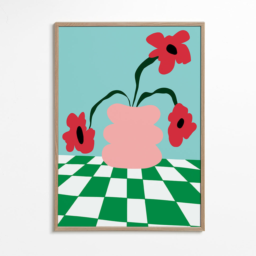 Botanický plakát s květinami v růžové váze