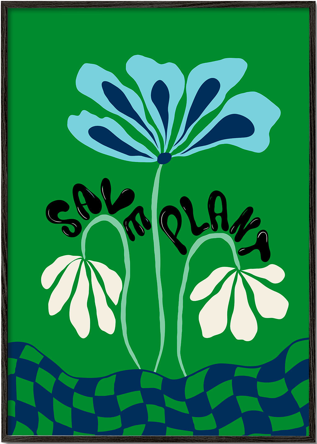 Botanický plakát: modrá grafická květina na zeleném
