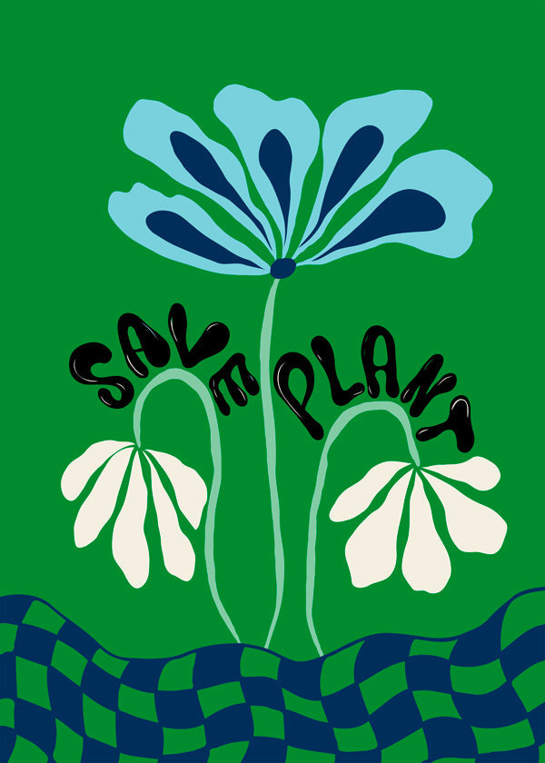 Botanický plakát: modrá grafická květina na zeleném