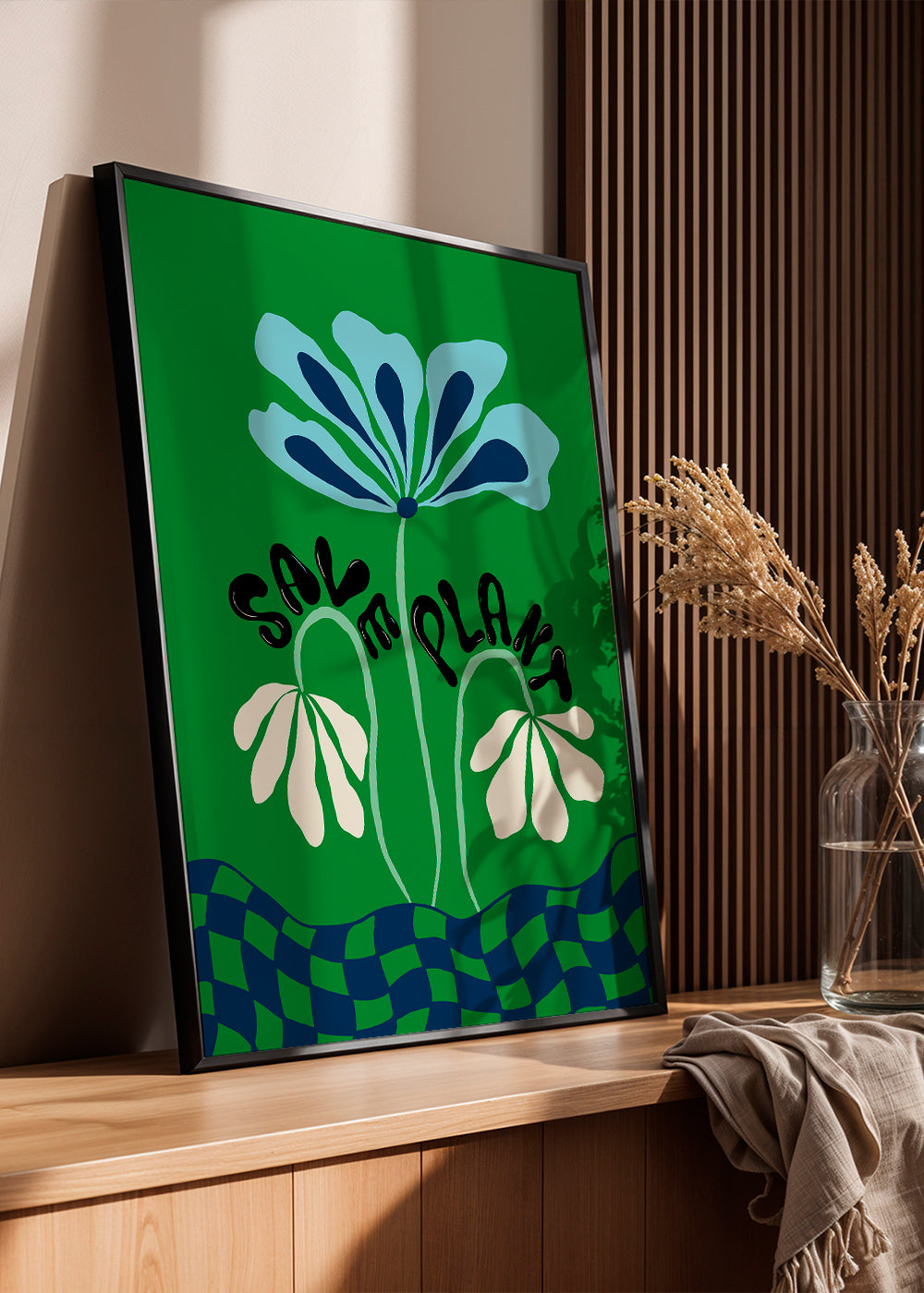 Botanický plakát: modrá grafická květina na zeleném