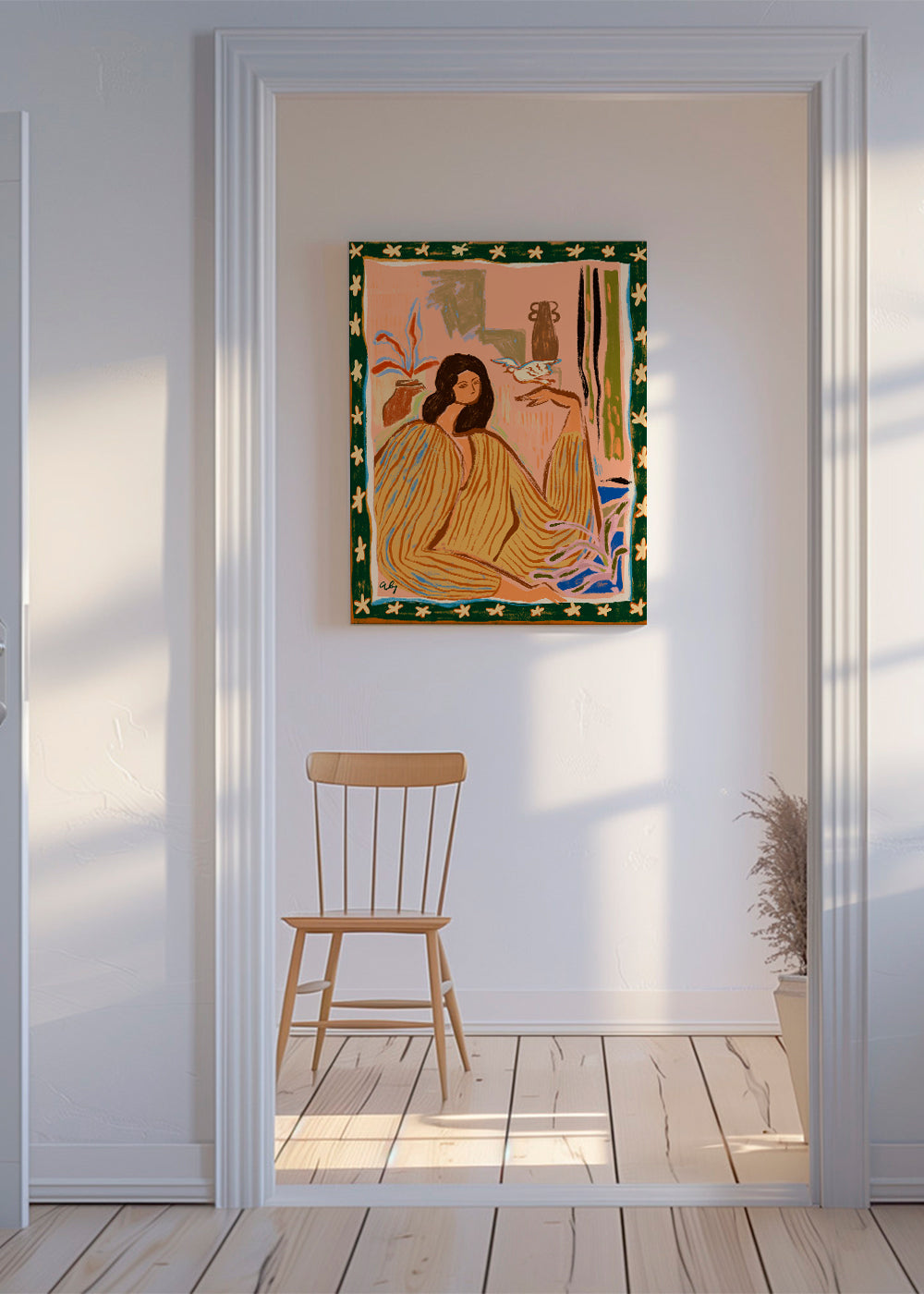 Ilustrace ženy s ptákem a rostlinami