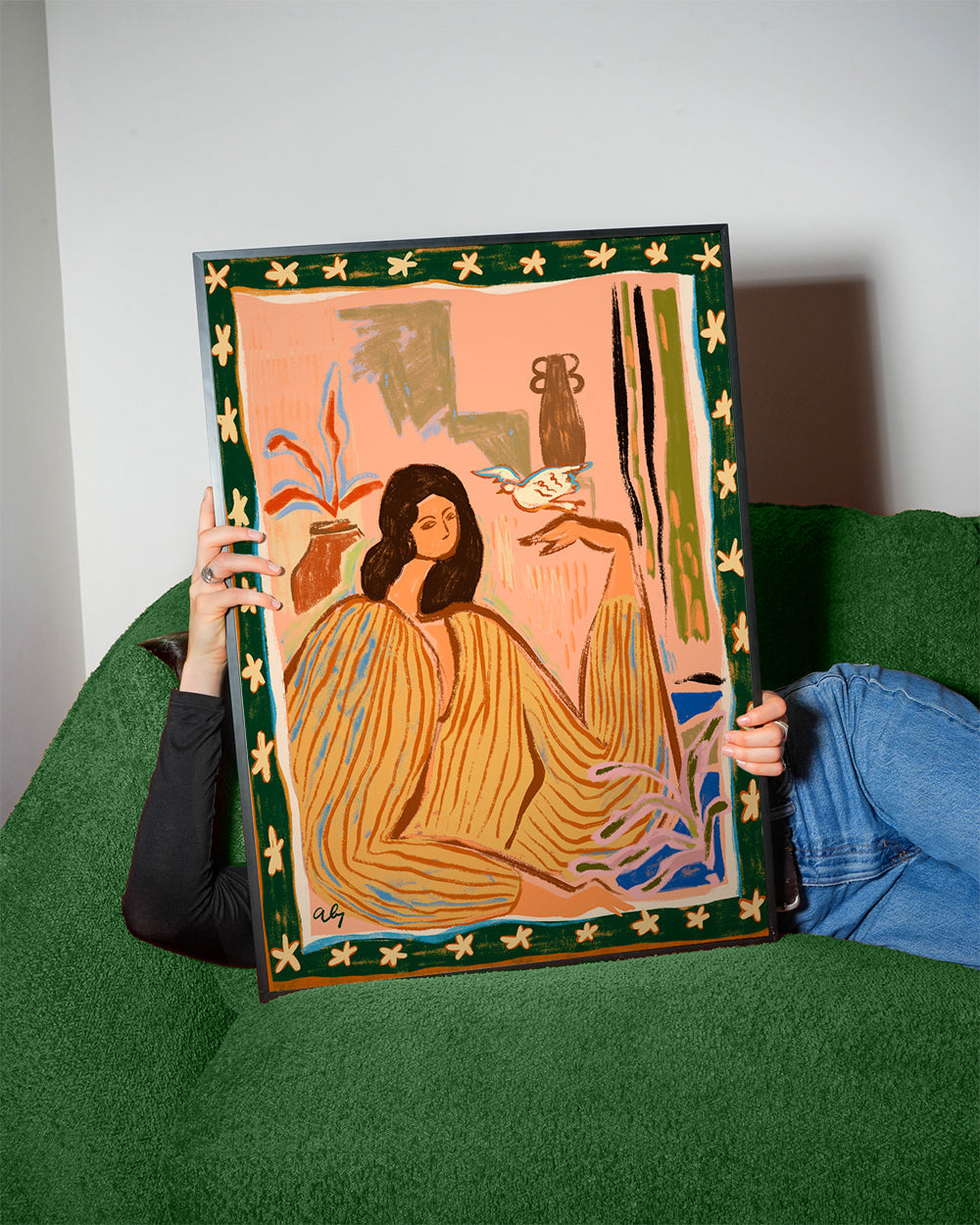 Ilustrace ženy s ptákem a rostlinami