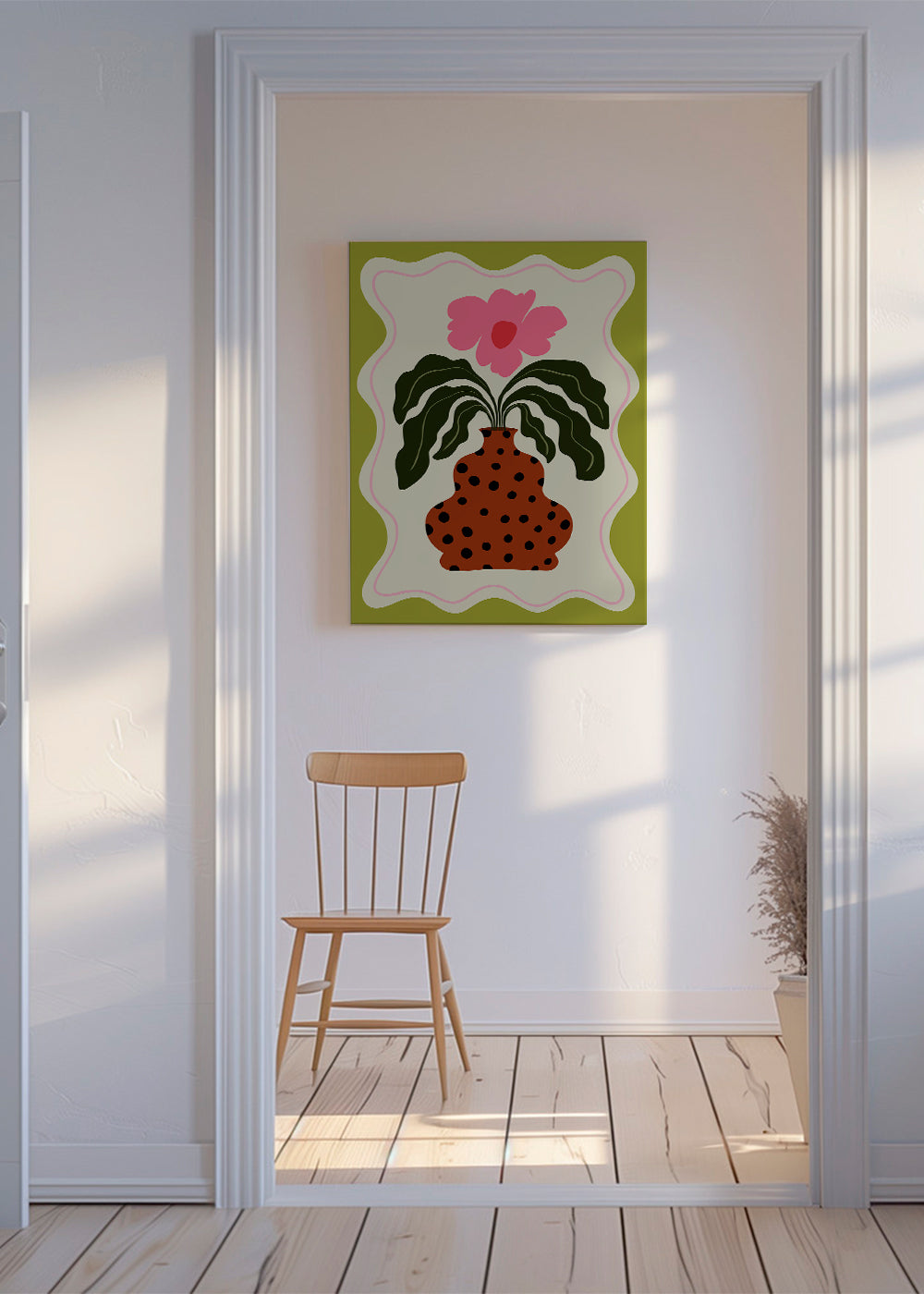 Botanický plakát s růžovým květem a tečkovanou vázou