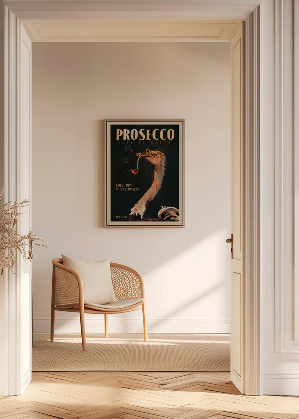 Plakát pštros s Proseccem ve stylu Art Deco