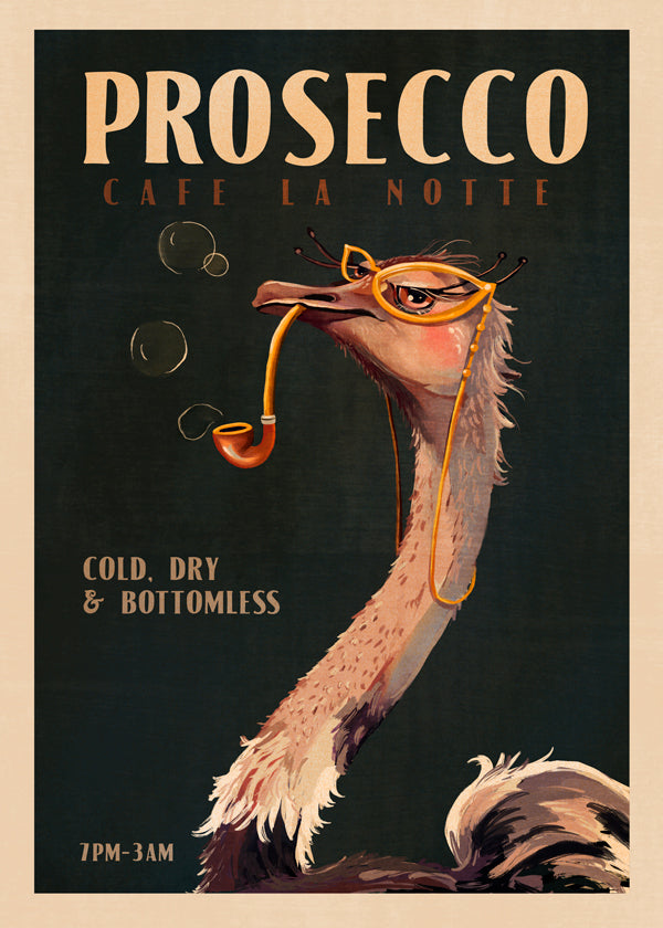Plakát pštros s Proseccem ve stylu Art Deco