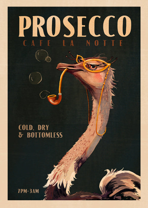 Plakát pštros s Proseccem ve stylu Art Deco