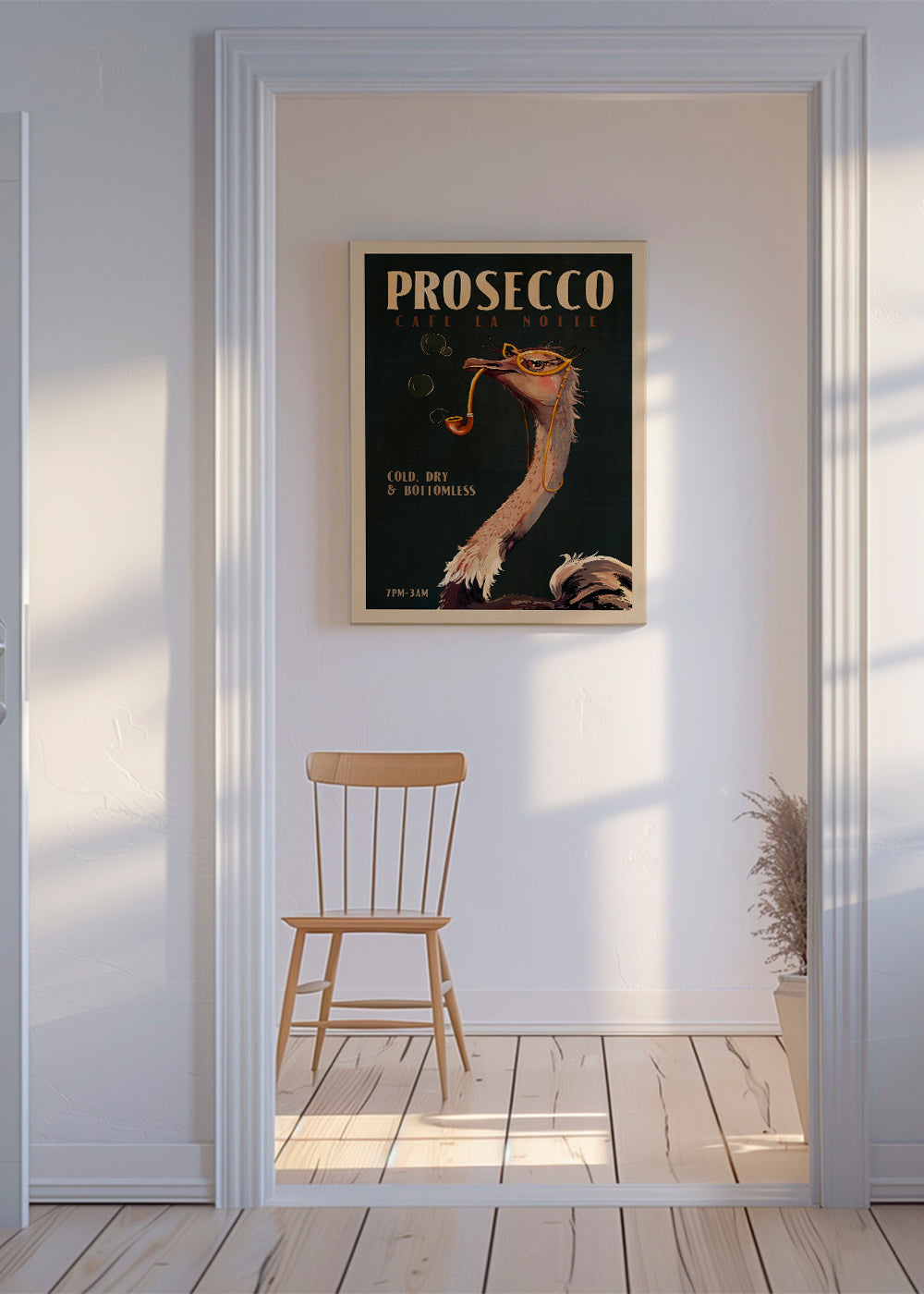 Plakát pštros s Proseccem ve stylu Art Deco