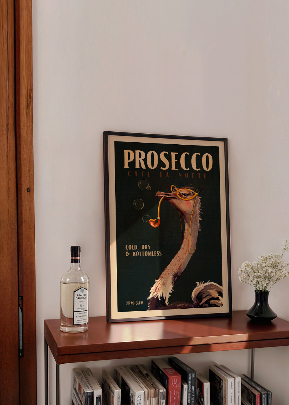 Plakát pštros s Proseccem ve stylu Art Deco