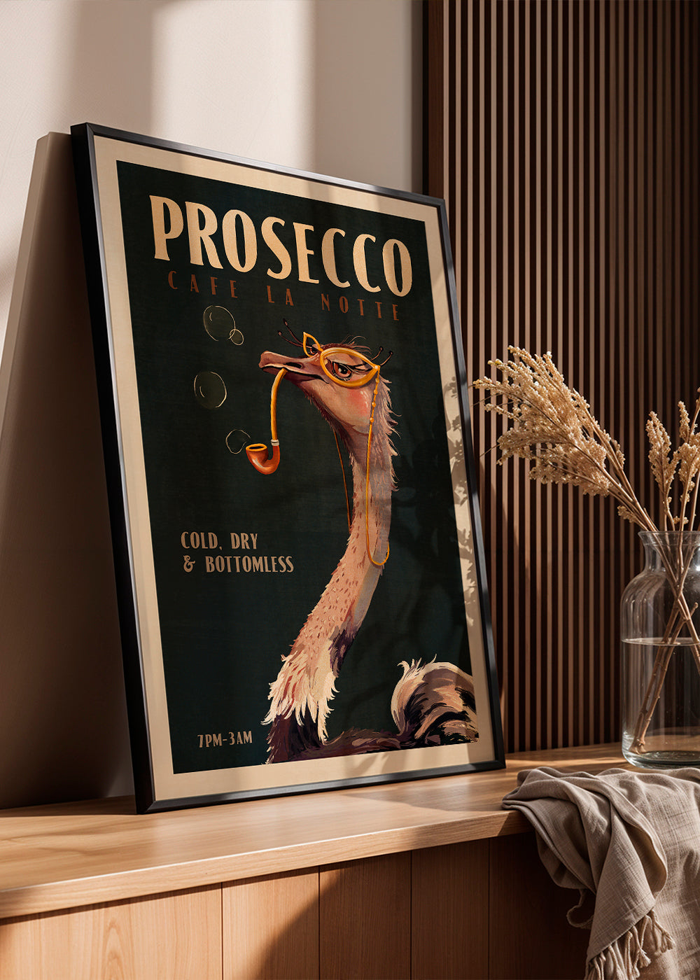 Plakát pštros s Proseccem ve stylu Art Deco