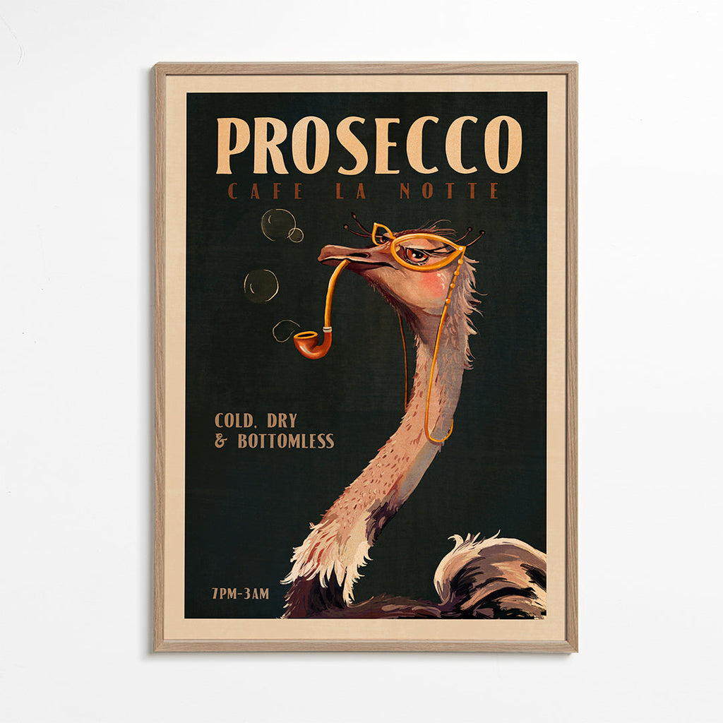 Plakát pštros s Proseccem ve stylu Art Deco