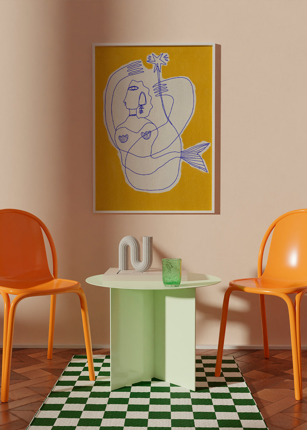 Ilustrace mořské panny modrou linkou na žlutém