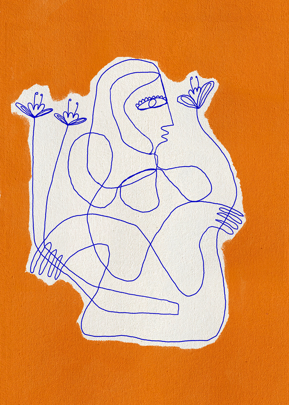Ilustrace: liniová postava s květy na oranžovém