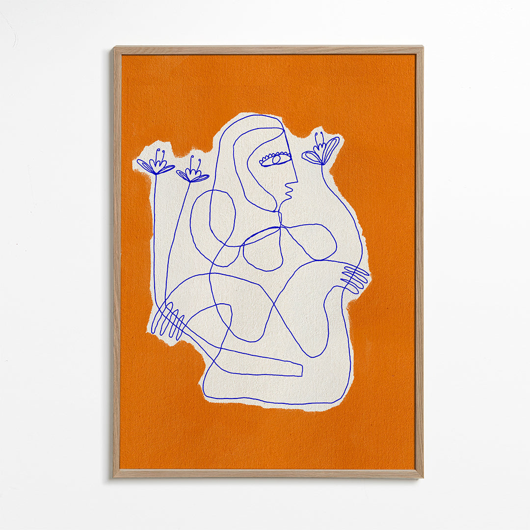 Ilustrace: liniová postava s květy na oranžovém