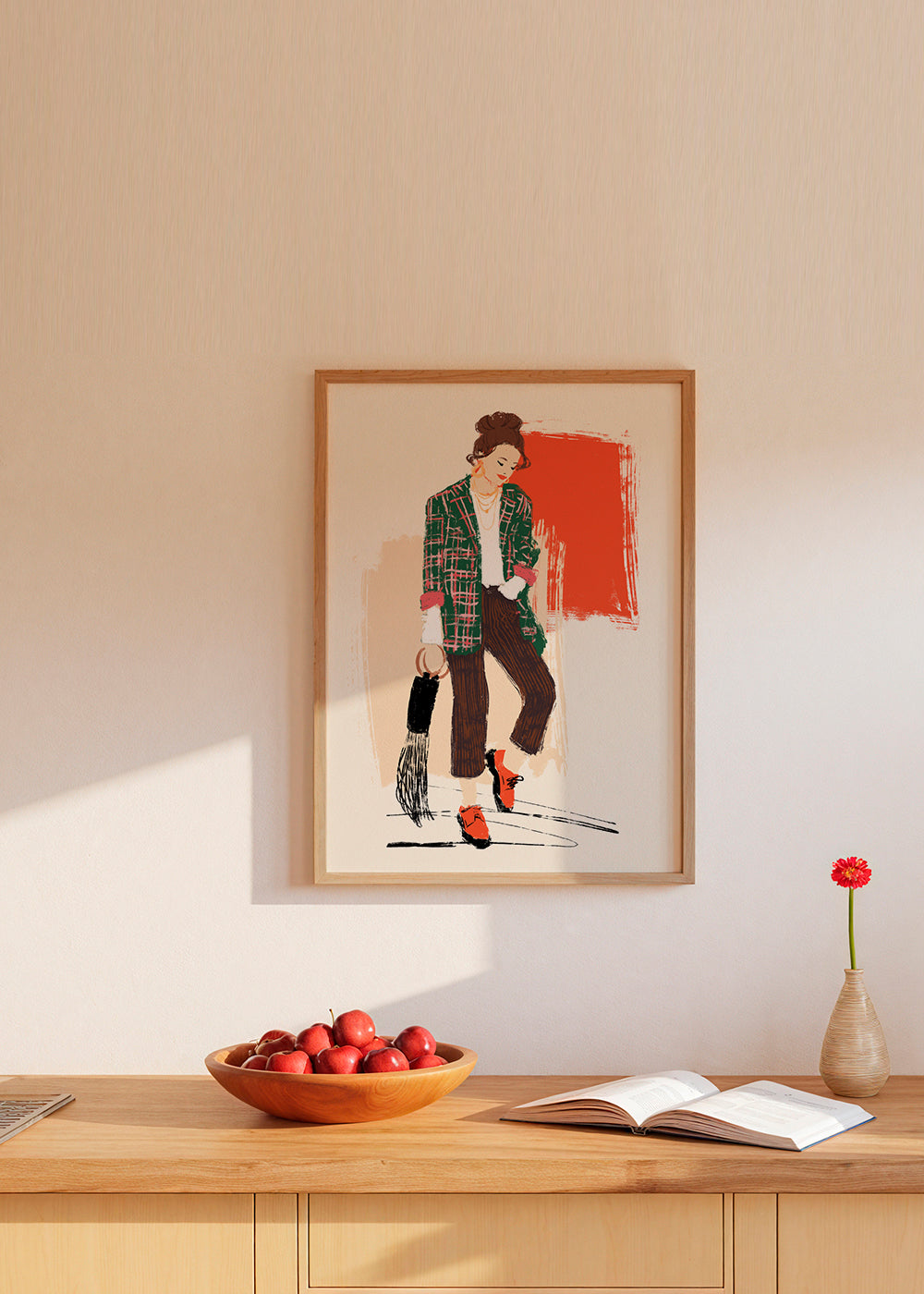 Módní ilustrace s kostkovanou bundou