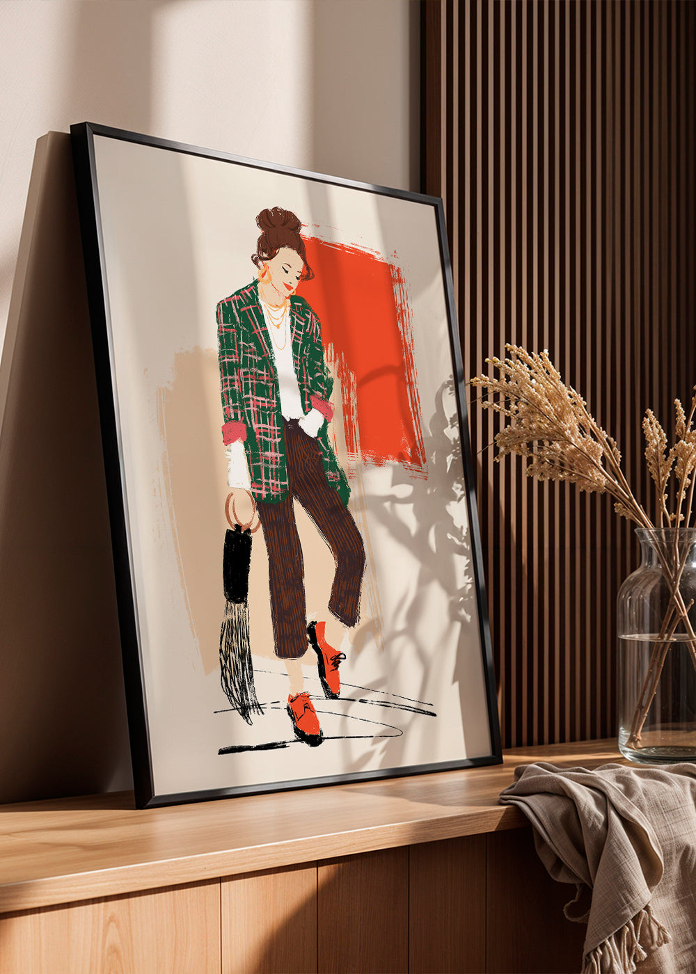 Módní ilustrace s kostkovanou bundou