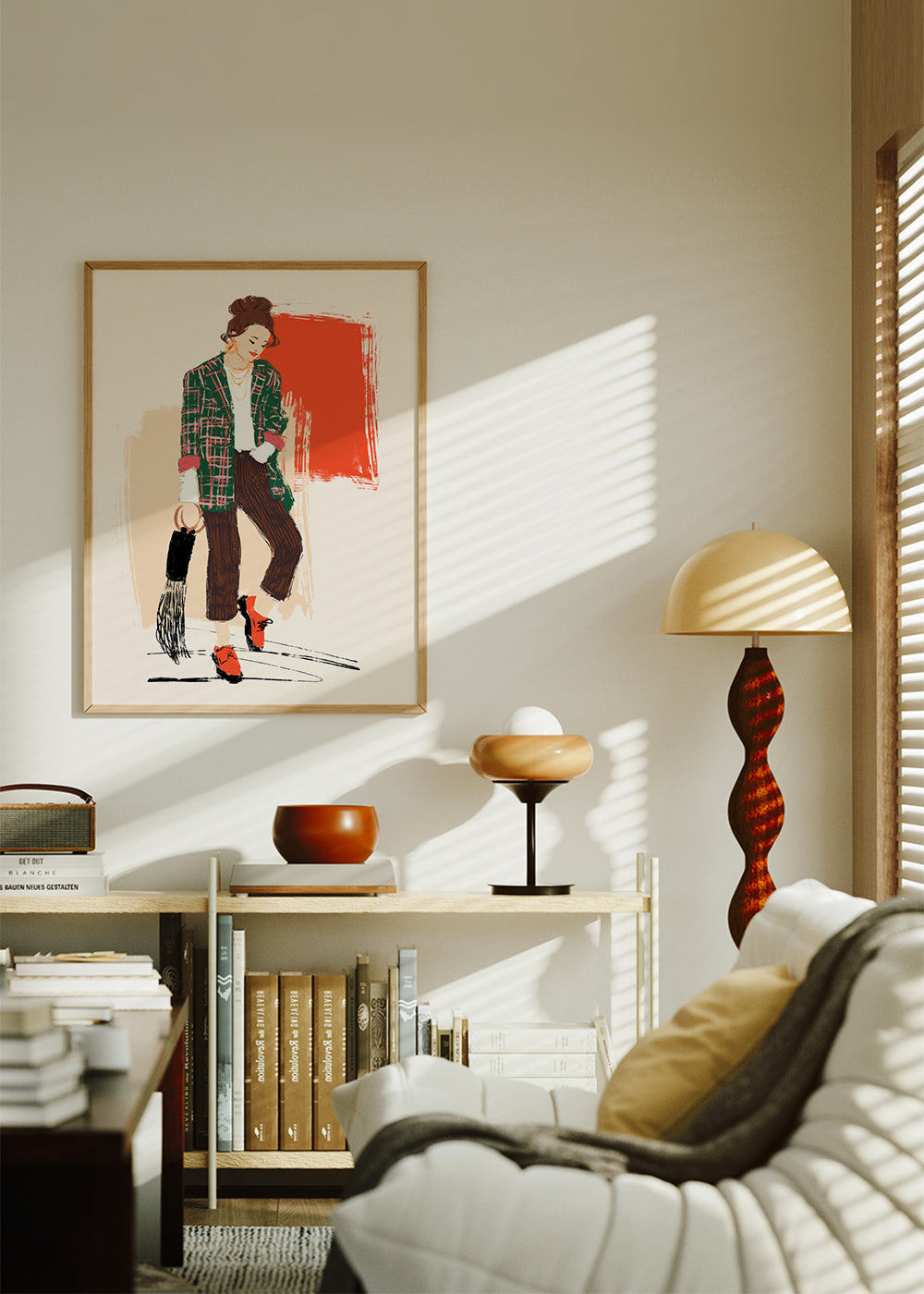 Módní ilustrace s kostkovanou bundou