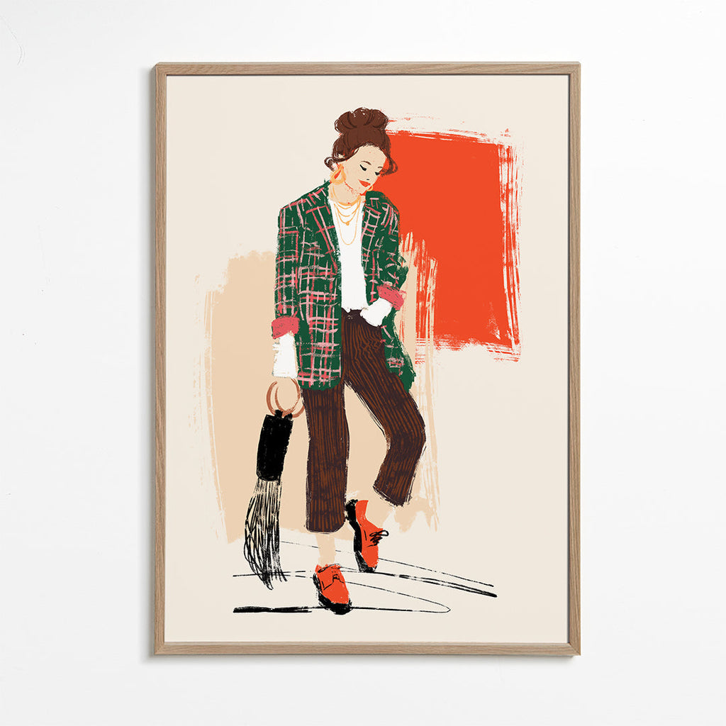 Módní ilustrace s kostkovanou bundou